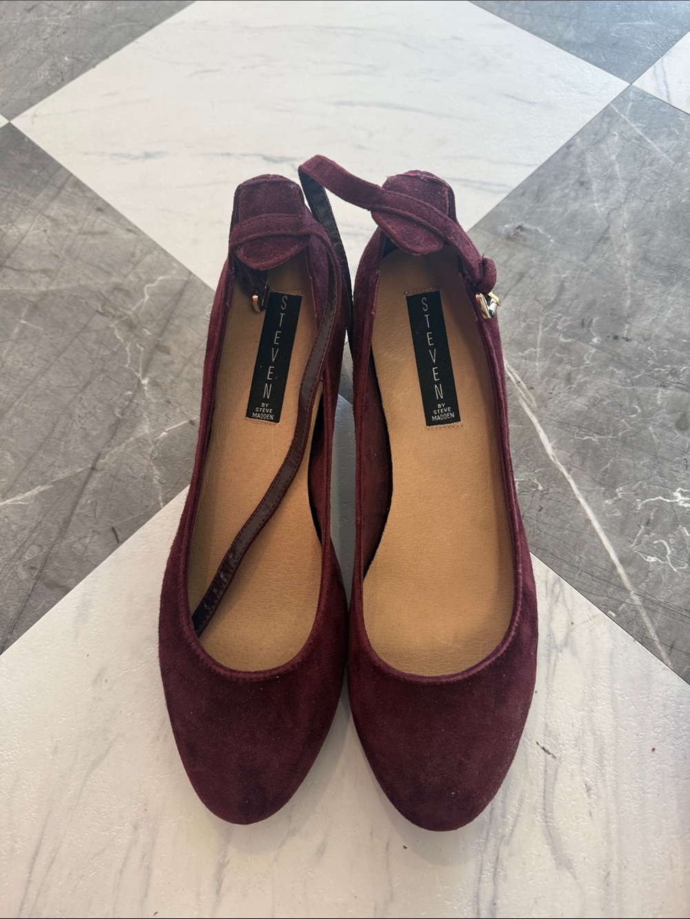 STEVEN by Steve Madden Burgundy Suede Ankle-Strap Flats